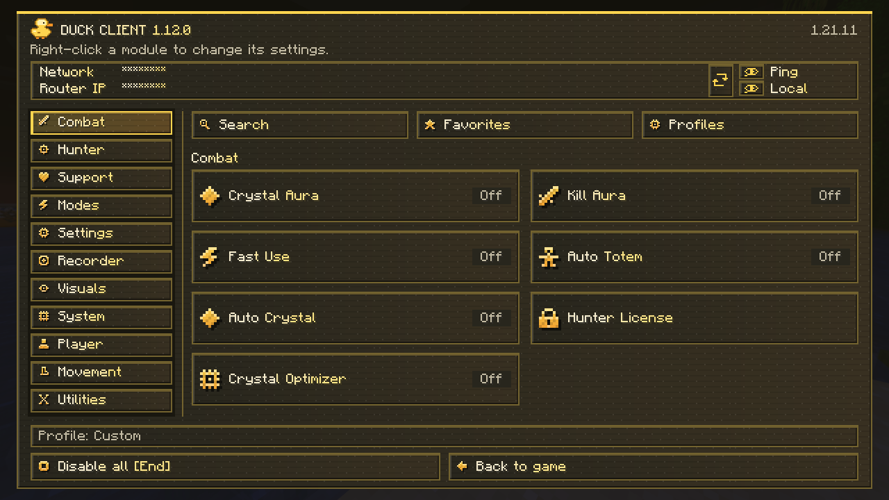 Duck Client's gold retro menu, with categories and individual module controls